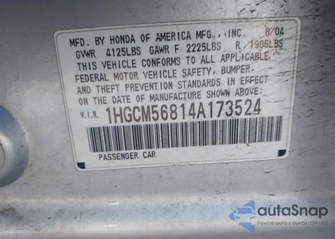 2004 Honda Accord 2.4 Ex из США, поврежденный, VIN 1HGCM56814A173524